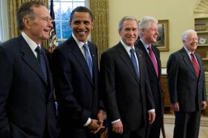 Meetings of current, former and future presidents are uncommon, and this one, on Jan. 7, 2009, was a once-in-28-years affair. From left, George H.W. Bush joins then-President-elect Obama, then-President George W. Bush and fellow former Presidents Bill Clinton and Jimmy Carter for lunch. It was the first time since 1981 that all living presidents had been together at the White House.